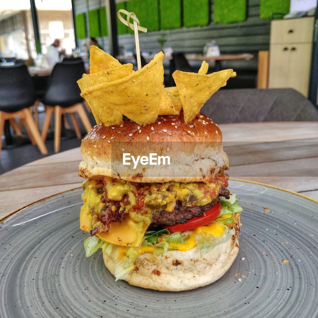 Close-up of burger in plate on table