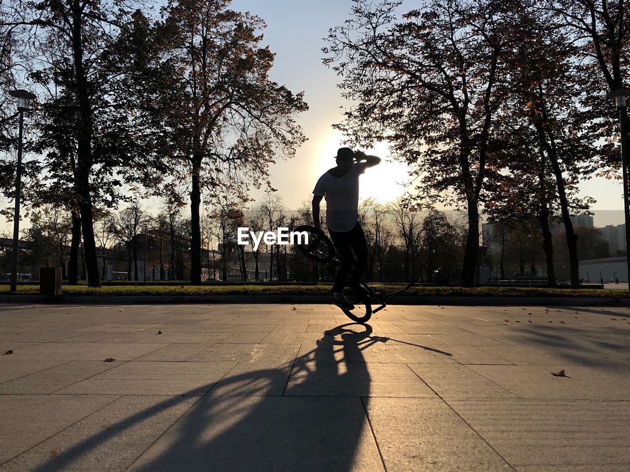 MAN WALKING ON STREET AMIDST TREES AGAINST SKY