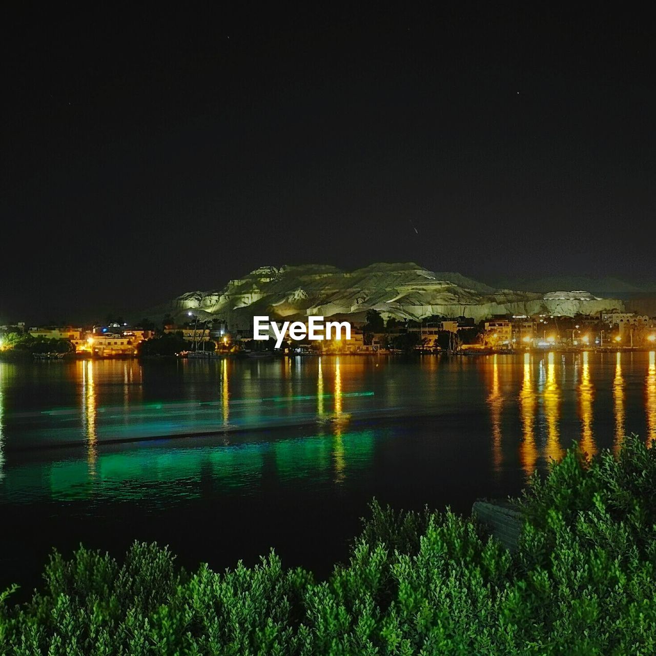 REFLECTION OF ILLUMINATED TREES ON WATER AT NIGHT