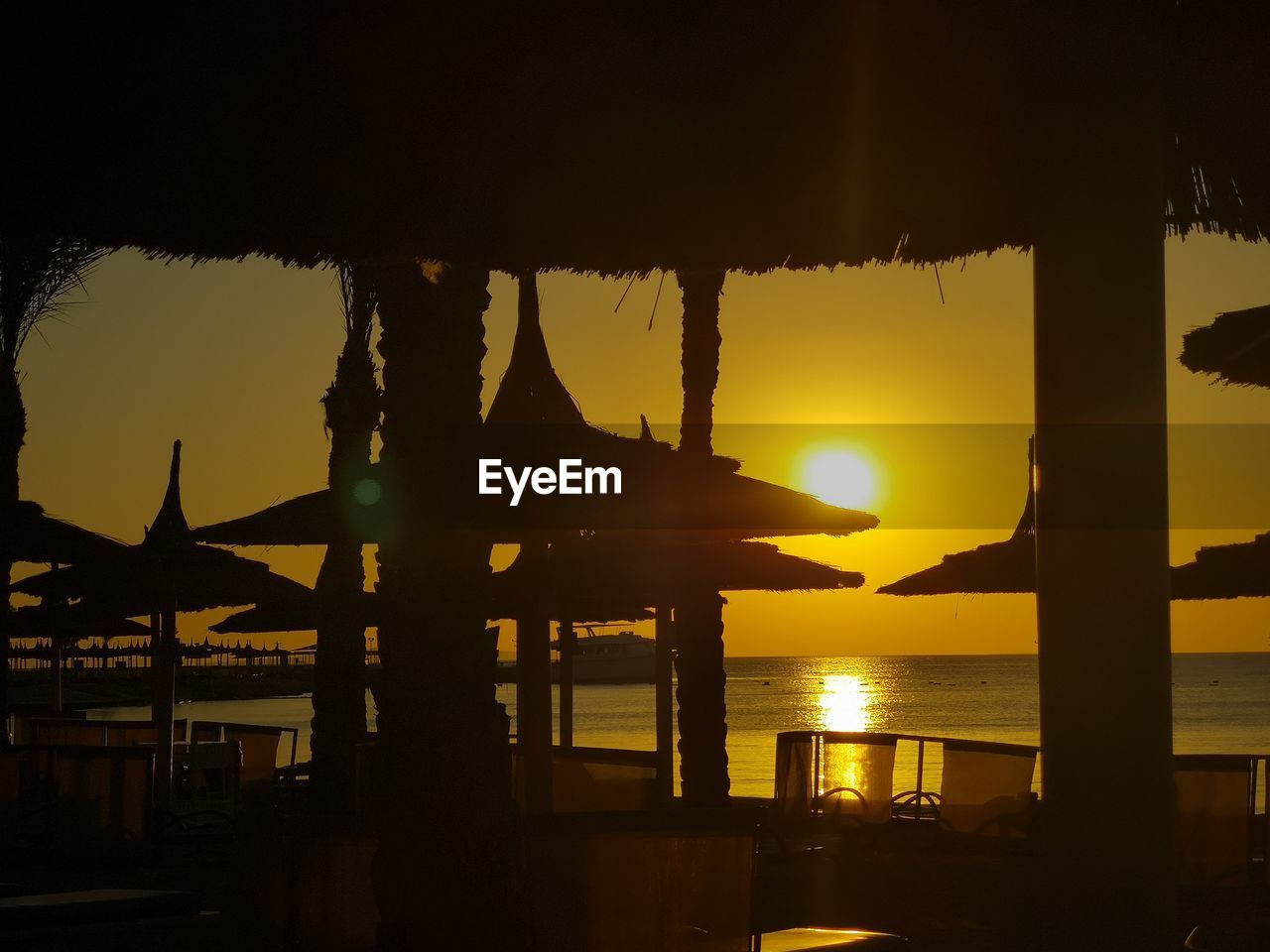 SILHOUETTE TREES BY SEA AGAINST SKY DURING SUNSET