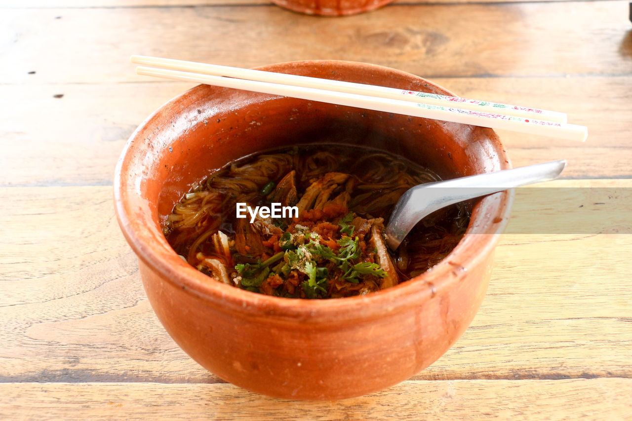 Close-up of soup in bowl on table