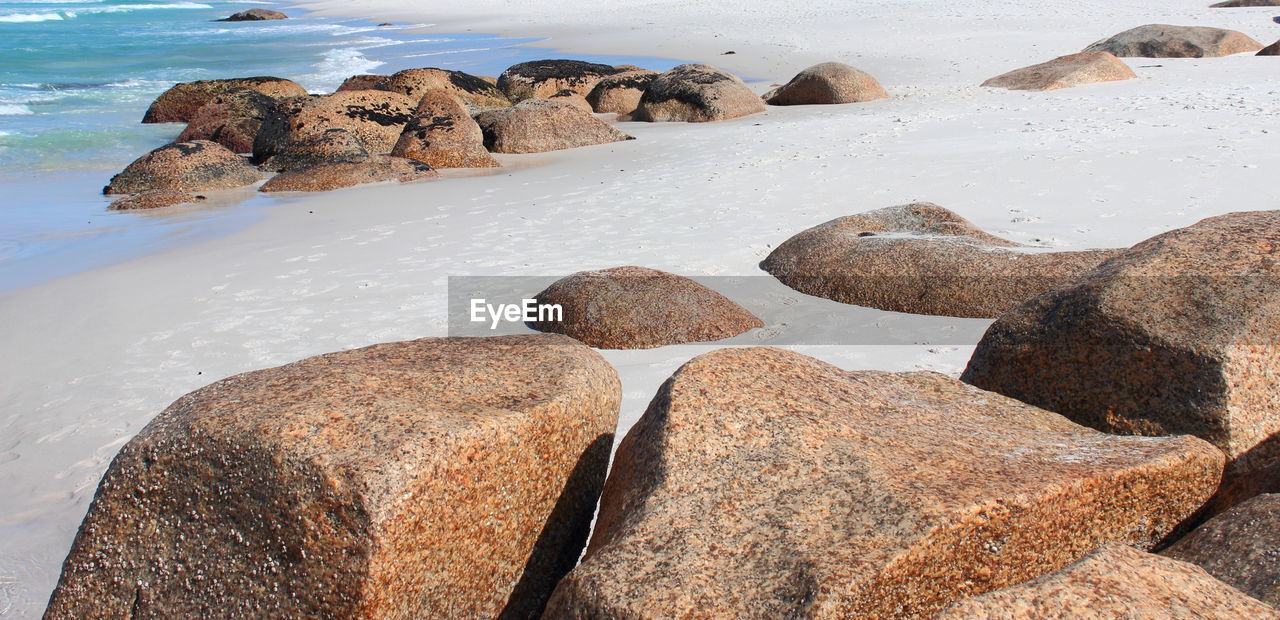 Rocks on beach against sky