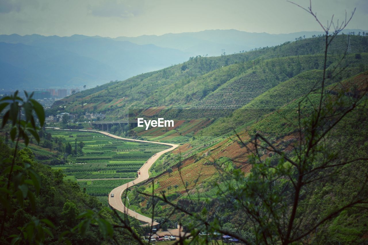 Scenic view of agricultural field and mountains against sky