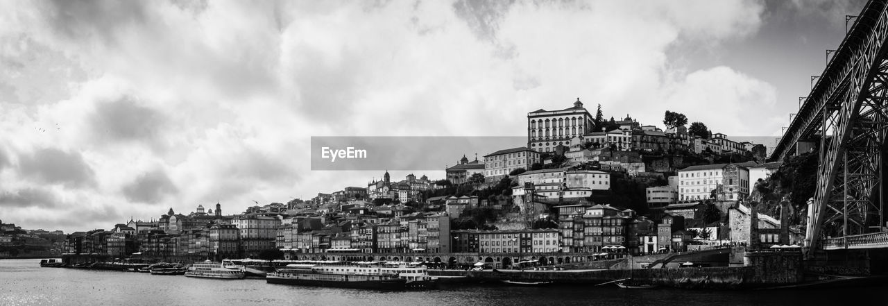 Black and white panoramic view of porto city and douro river from vila nova de gaia