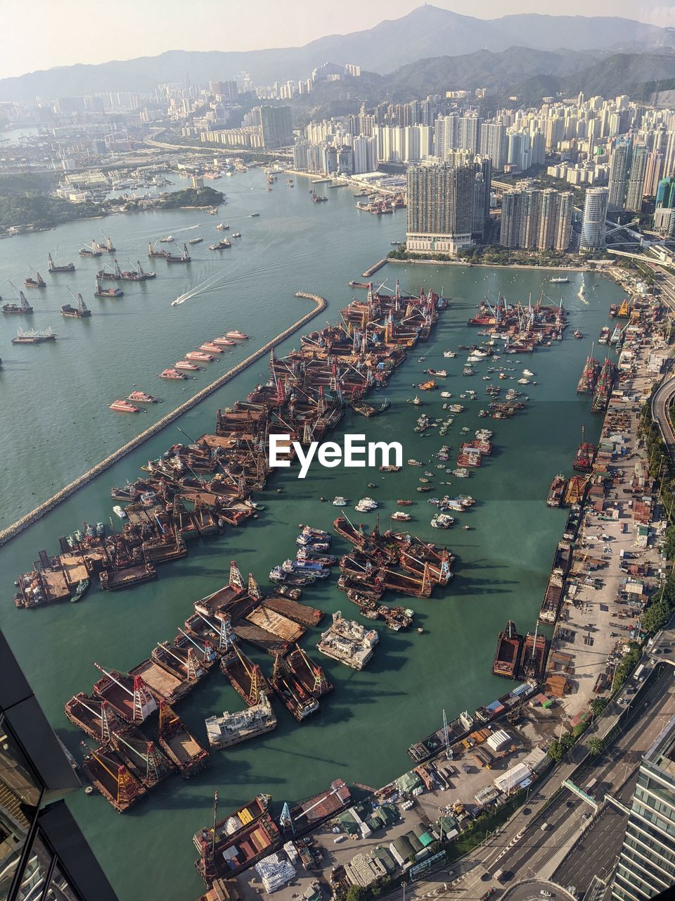 High angle view of ship yard in city of yau ma tei coast line