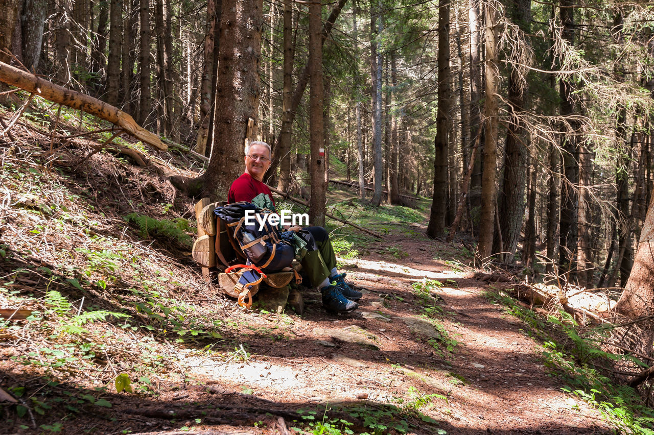 Side view of male hiker sitting on bench in forest