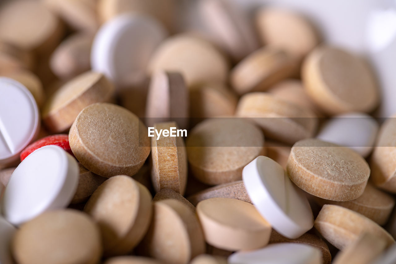 close-up of pills on white background