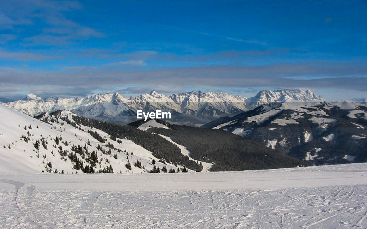 Scenic view of snow covered mountains against sky