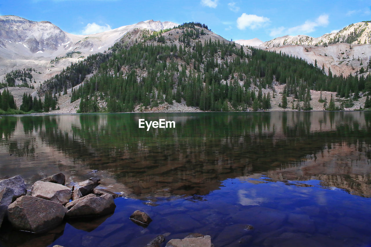 Scenic view of lake and tree mountains against sky