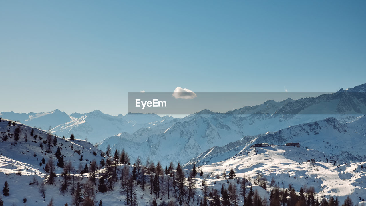 Panoramic view of snowcapped mountains against clear blue sky