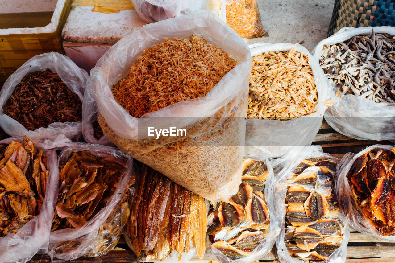 High angle view of dry fish in market