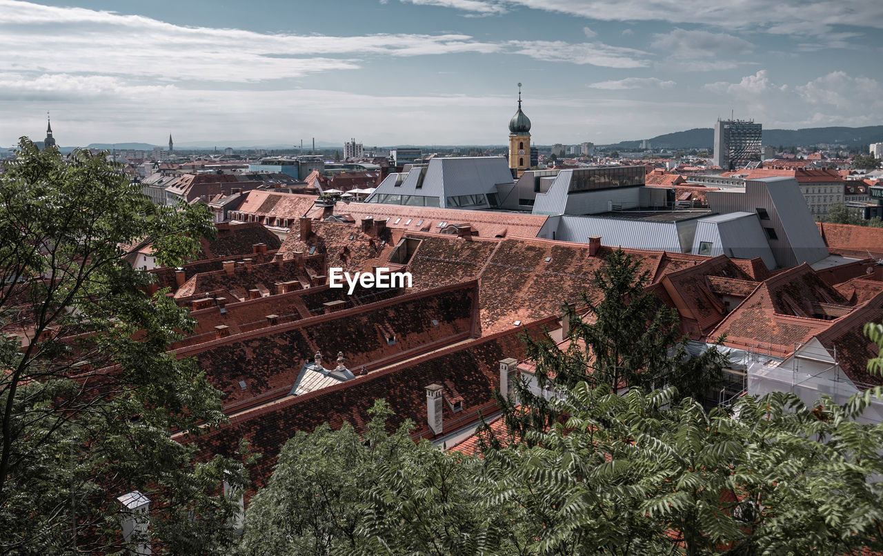 High angle view of buildings in city