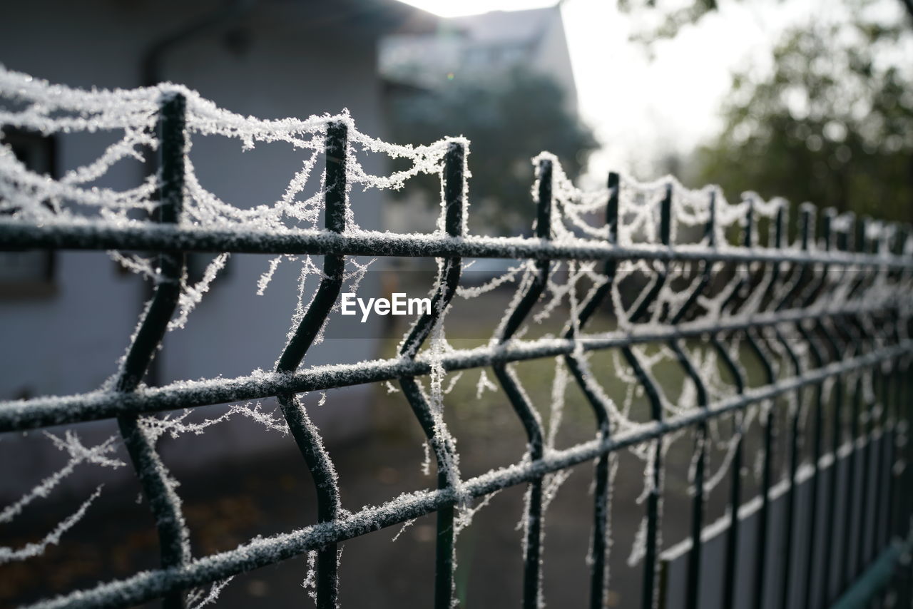 Close-up of barbed wire fence during winter