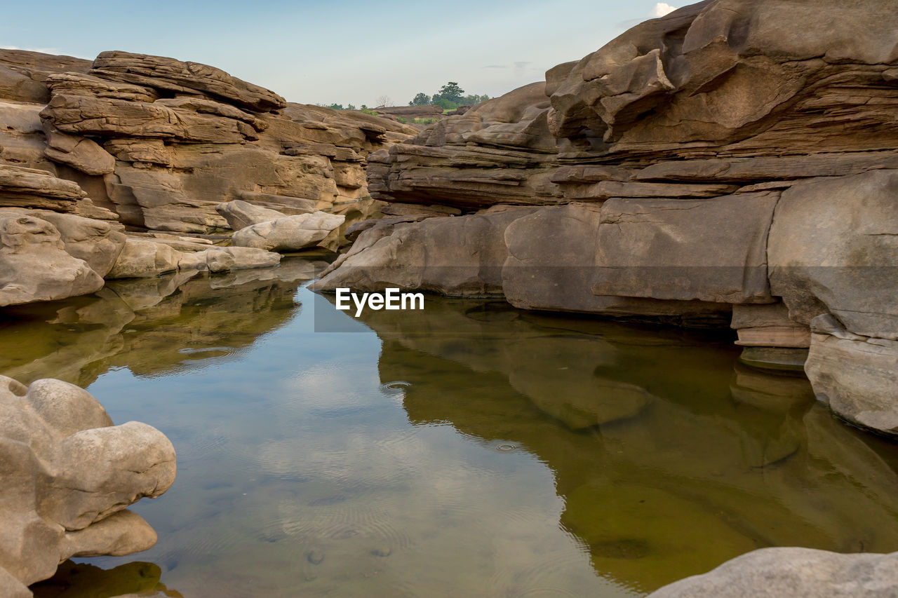 SCENIC VIEW OF ROCK FORMATION IN LAKE AGAINST SKY