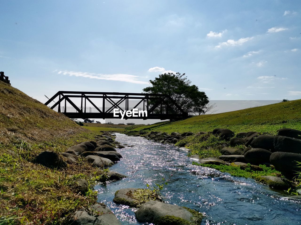 BRIDGE OVER STREAM AGAINST SKY