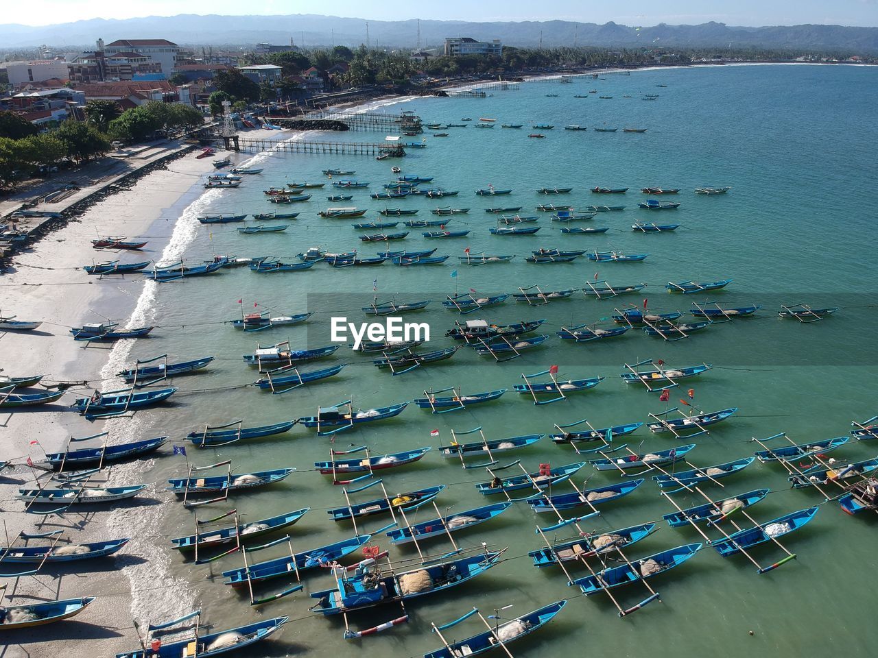 High angle view of boats moored in sea