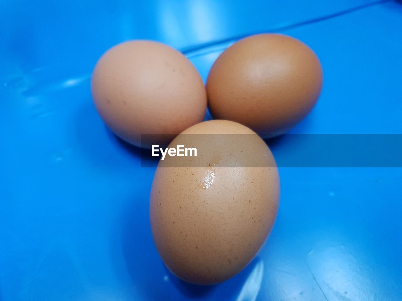 CLOSE-UP OF EGGS AGAINST BLUE BACKGROUND