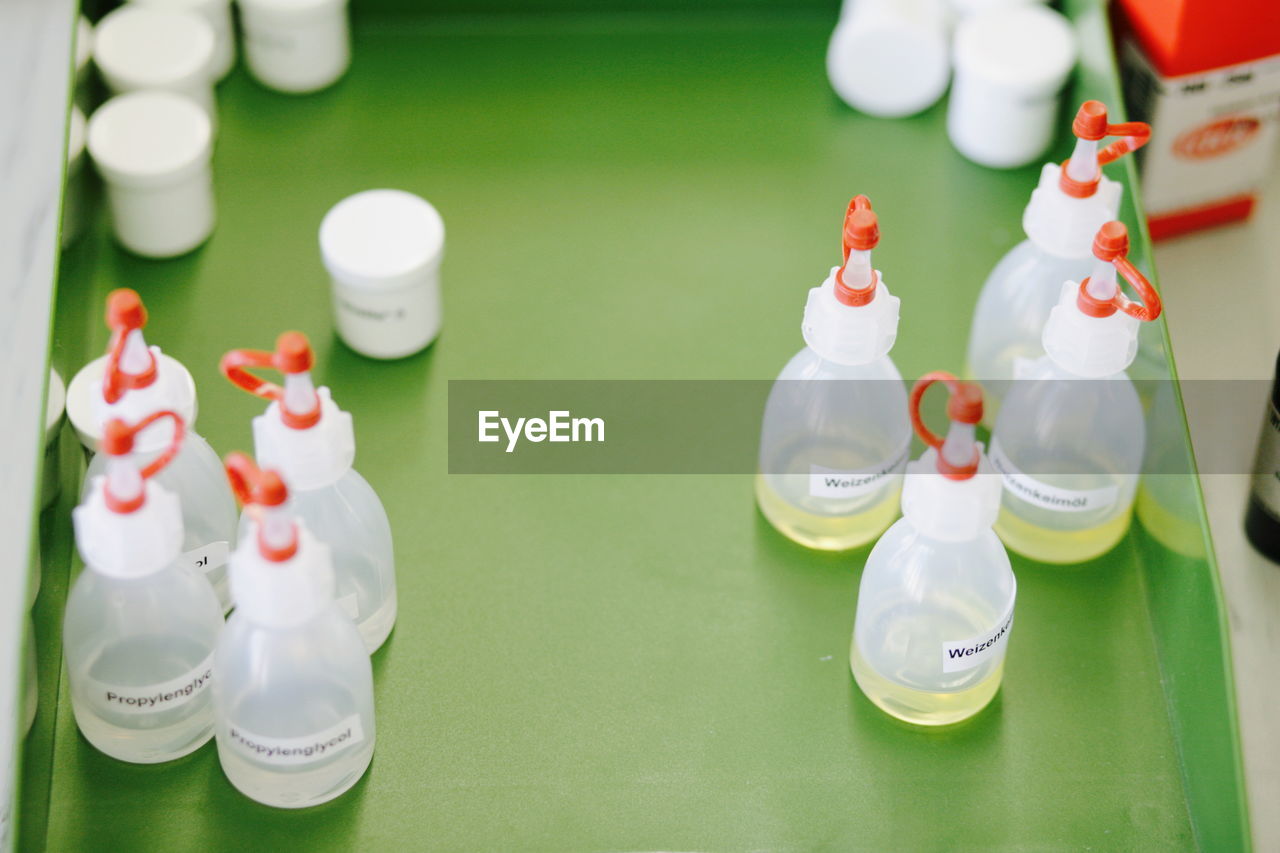 High angle view of chemicals in chemistry laboratory