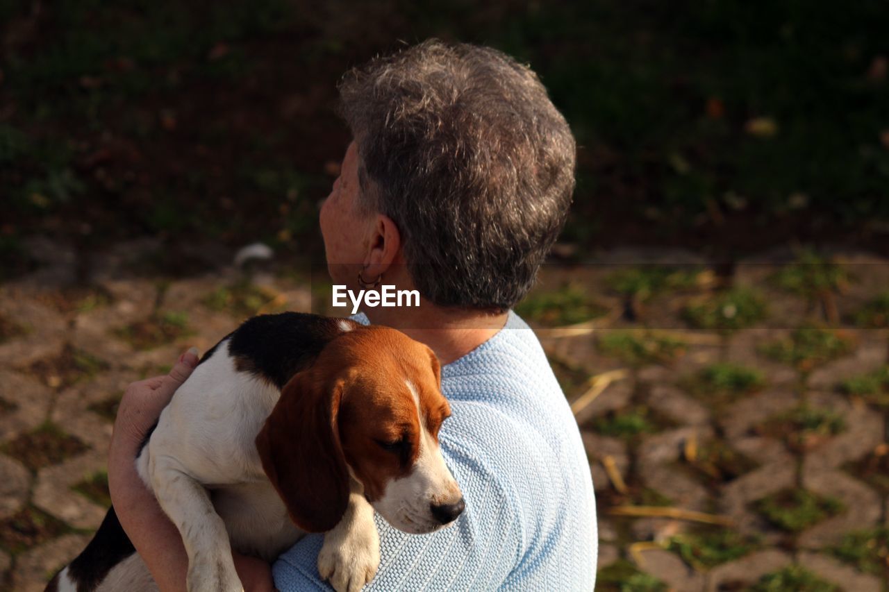 Close-up of woman carrying dog in sunny day