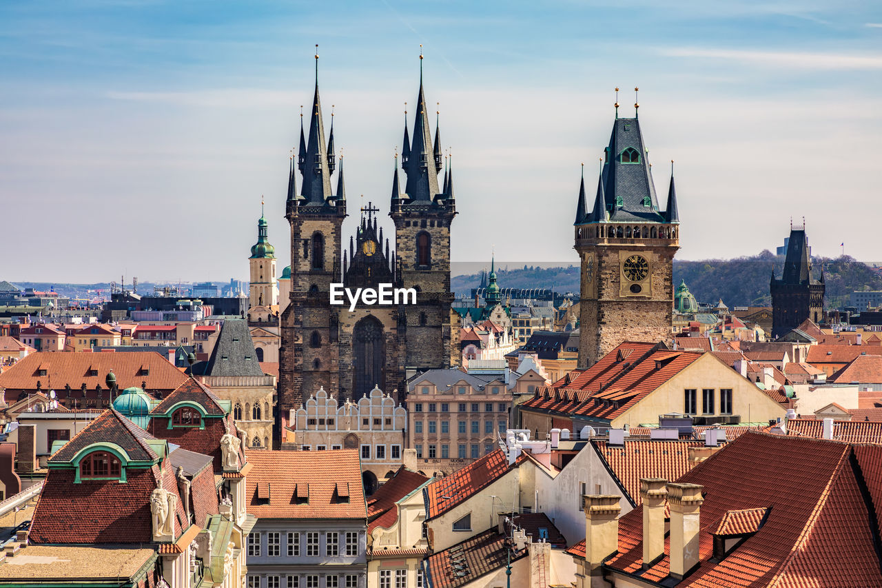 Skyline of prague with tyn church in background