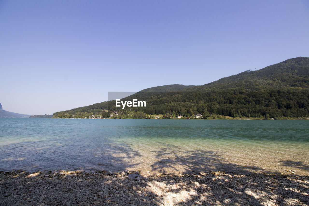 SCENIC VIEW OF SEA BY MOUNTAINS AGAINST CLEAR BLUE SKY