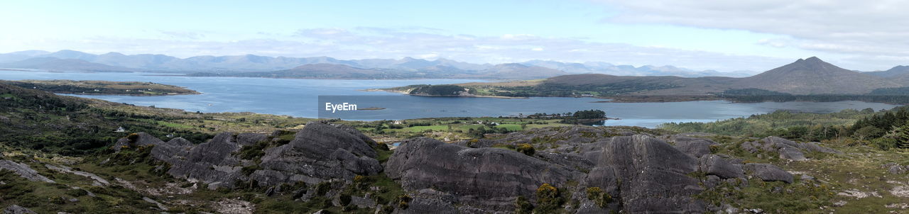 Scenic view of sea and mountains against sky