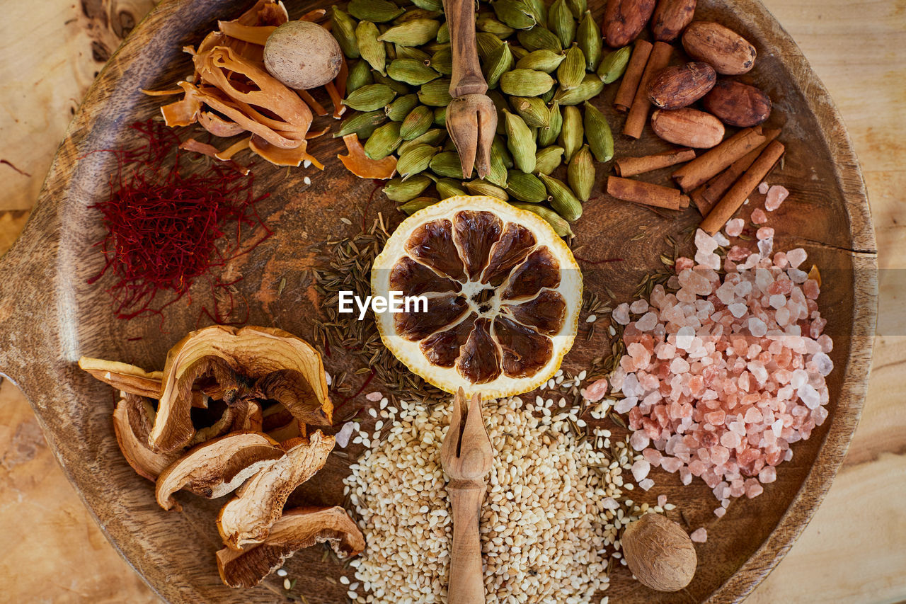 DIRECTLY ABOVE SHOT OF FRUITS IN PLATE ON TABLE