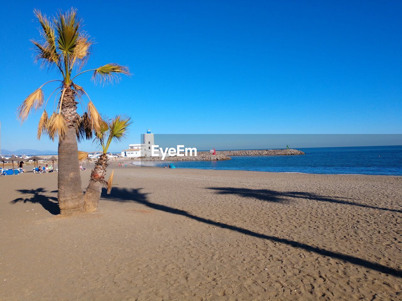Scenic view of beach against clear blue sky