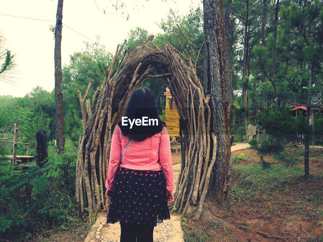 REAR VIEW OF WOMAN STANDING BY TREES IN FOREST