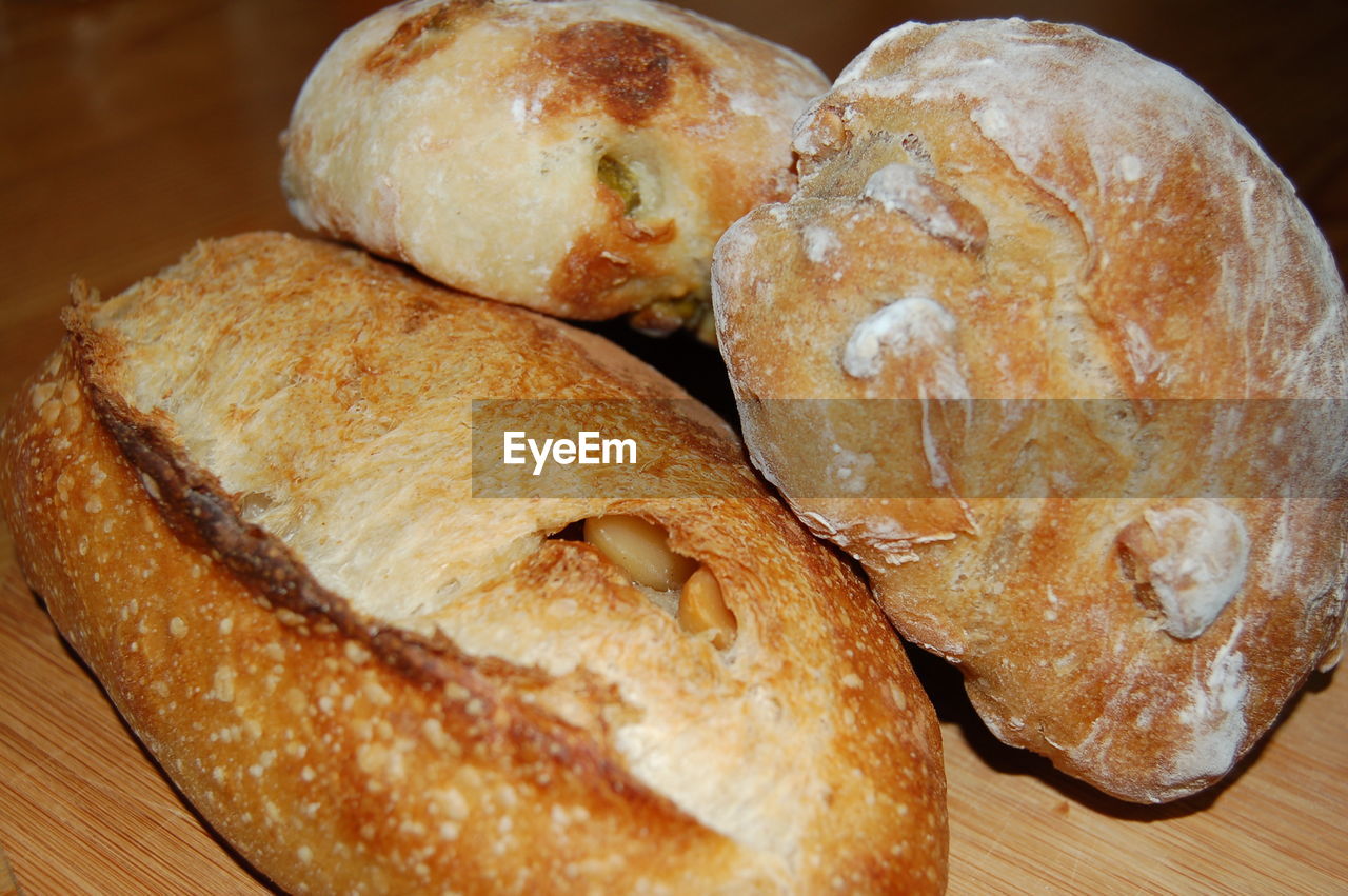 Close-up of stuffed breads on table