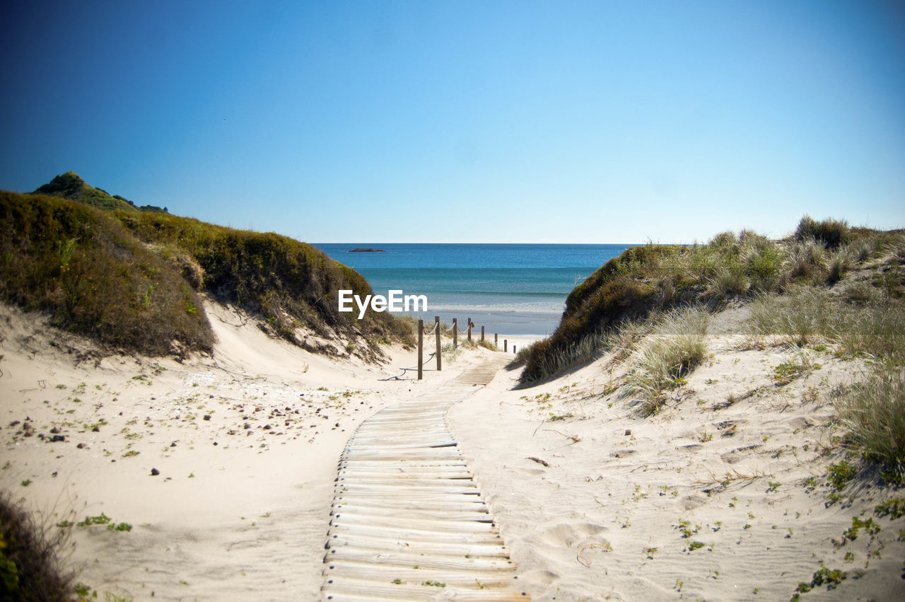 Scenic view of beach against clear blue sky