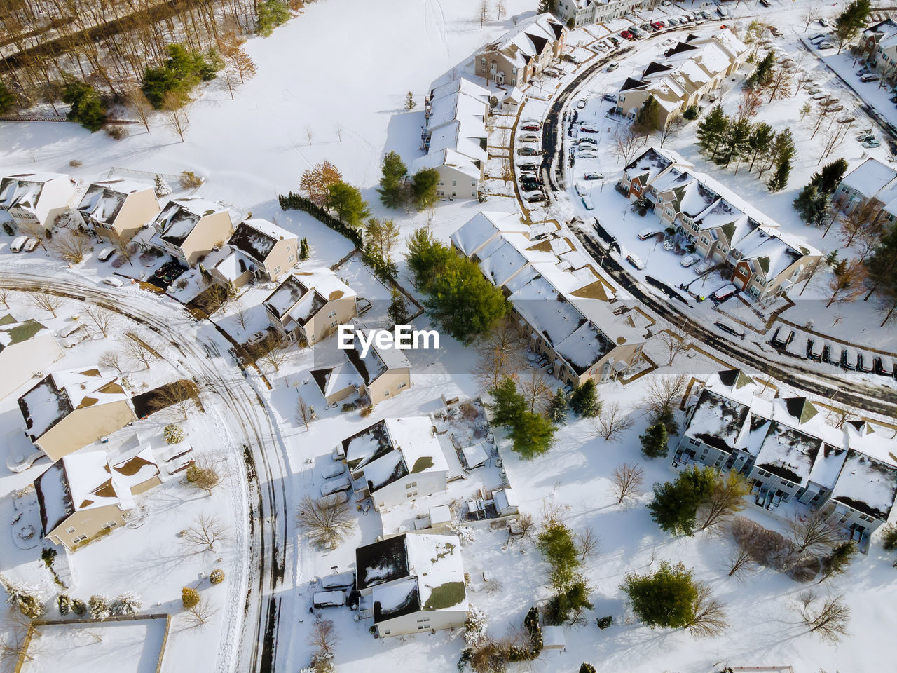 HIGH ANGLE VIEW OF CITY BUILDINGS DURING WINTER