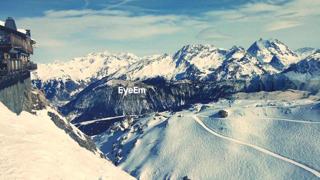 Scenic view of snow covered mountains against sky