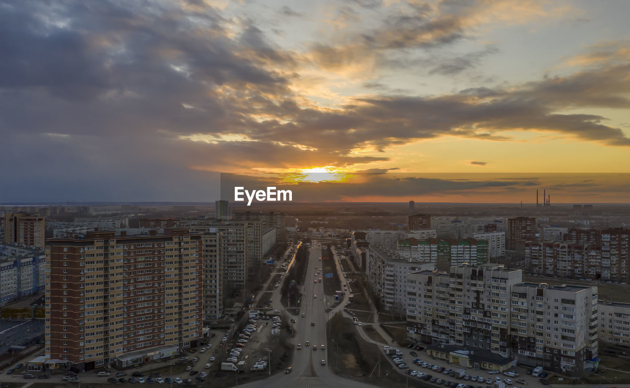 Sunset over the city of togliatti, view from a quadcopter