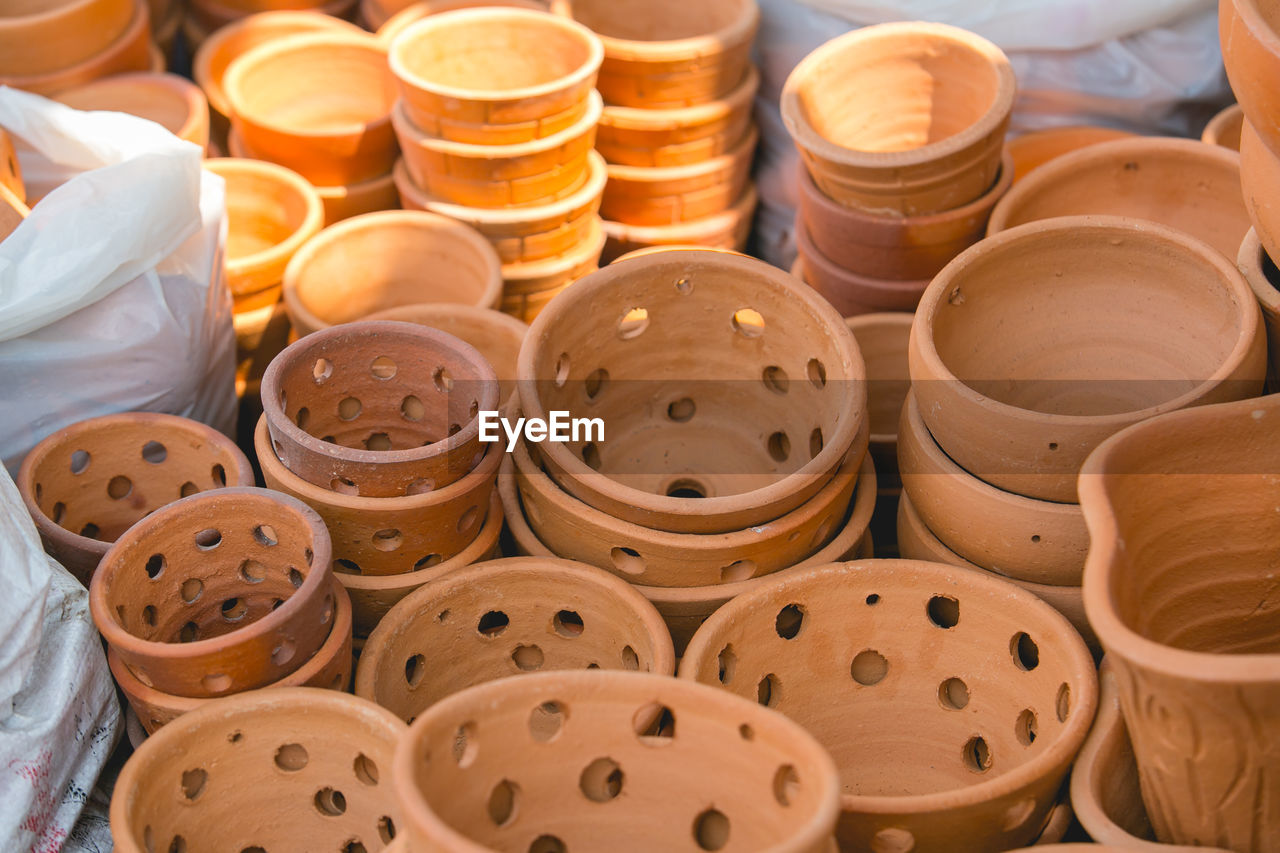 High angle view of pots for sale