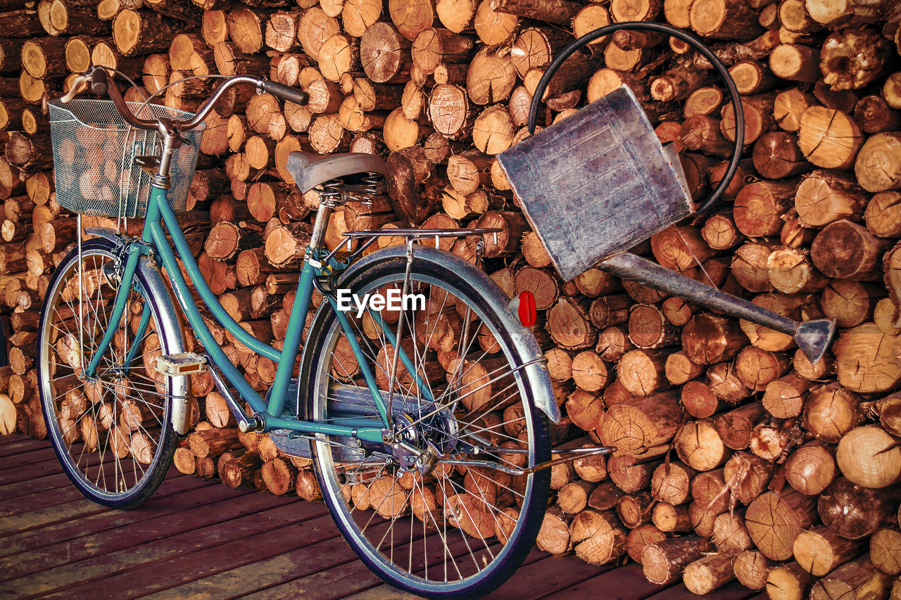 High angle view of bicycle on wood