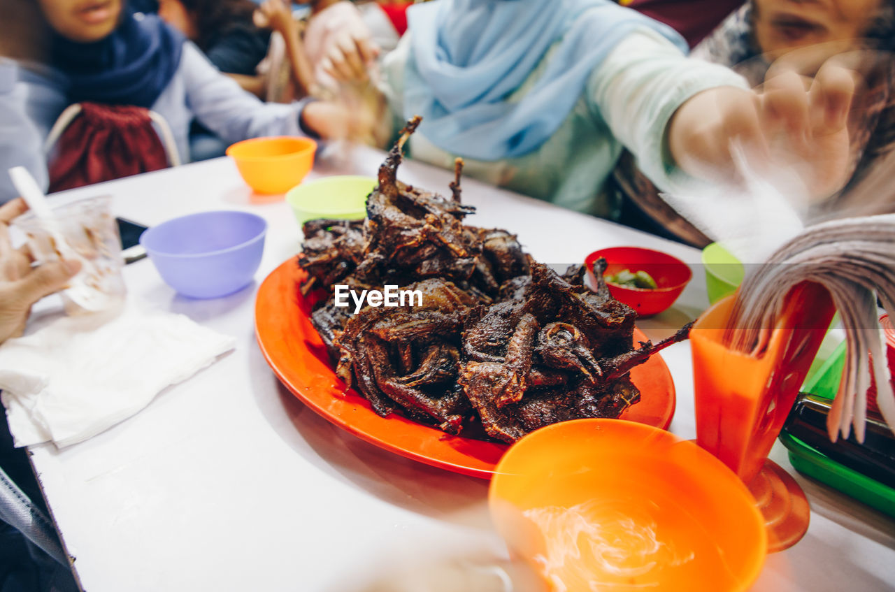 High angle view of meat served in plate on table