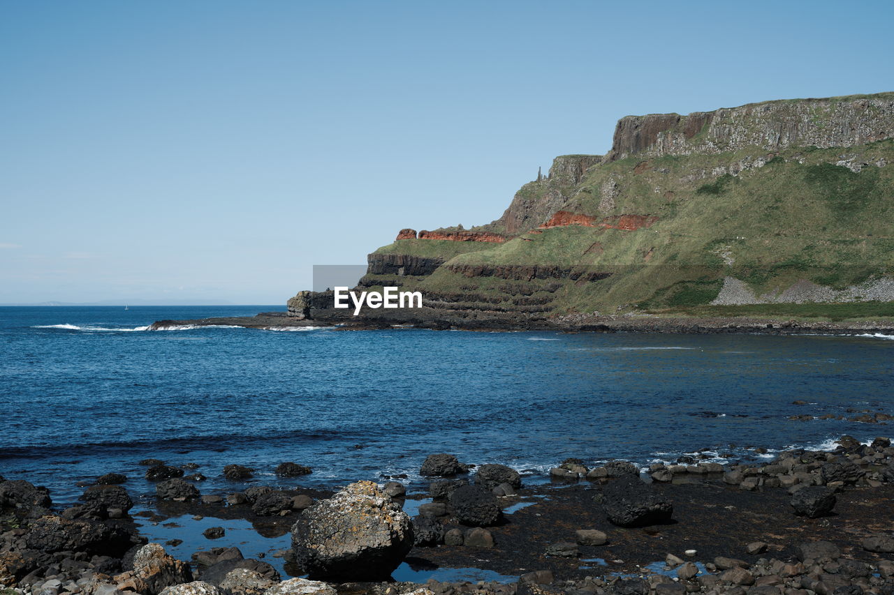 Scenic view of sea against clear blue sky