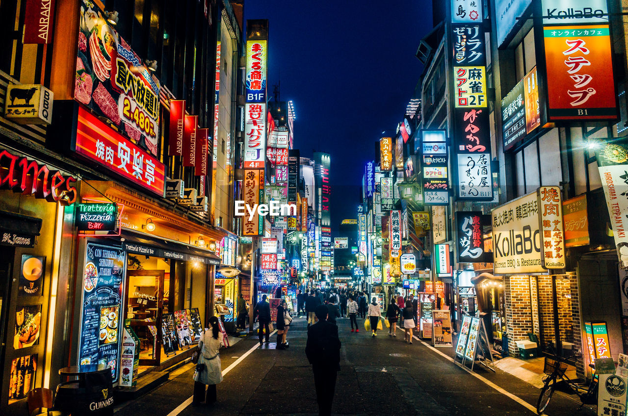 People on illuminated city street at night