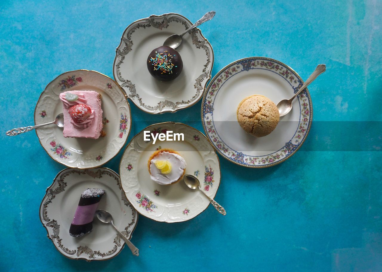 High angle view of cakes on table