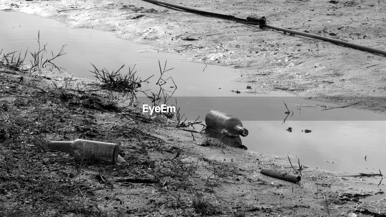 Abandoned bottles in puddle on field