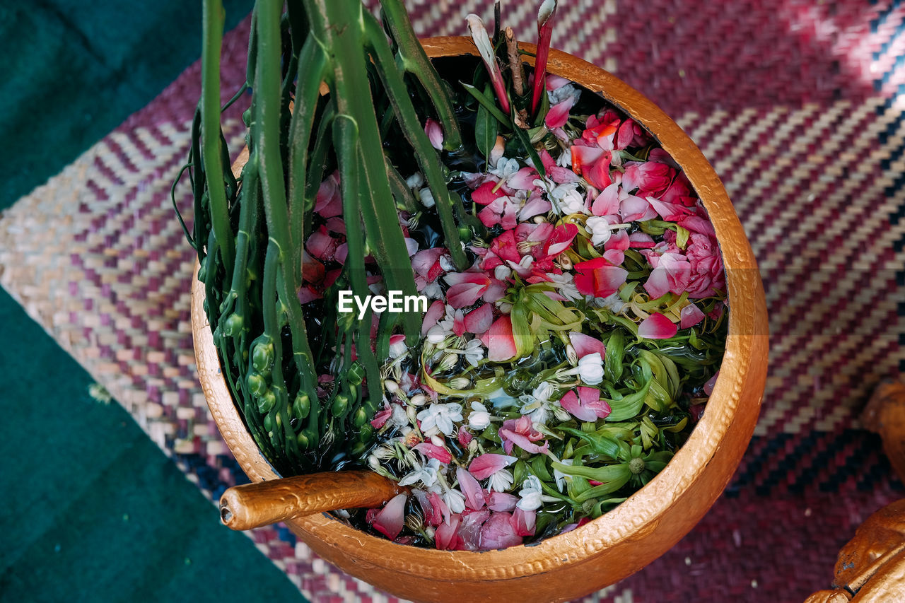 High angle view of flowering plant in basket on table