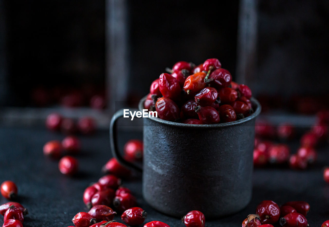 Dried rosehip fruits on the table