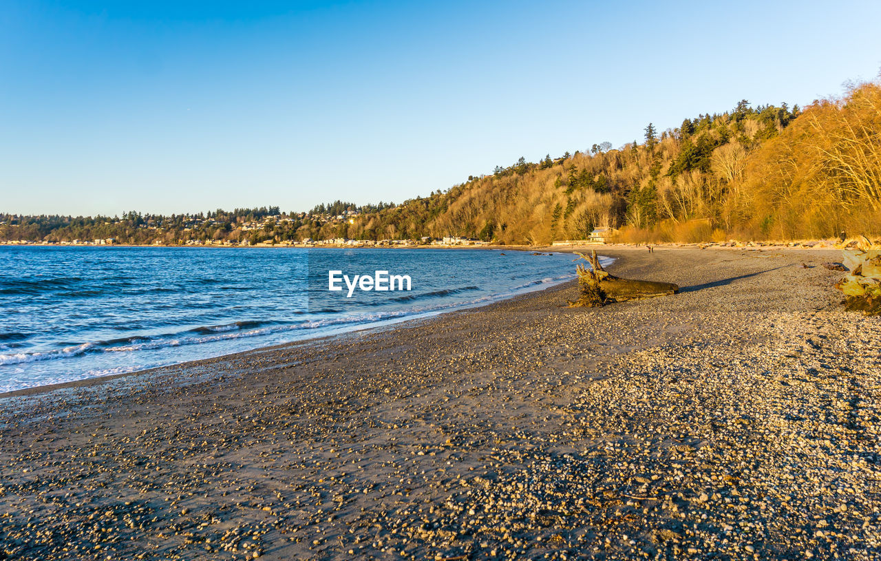 A view of the beach at seahurst beach park in burien, washington.