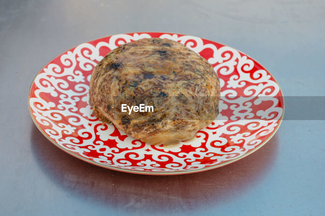 High angle view of food in plate on table