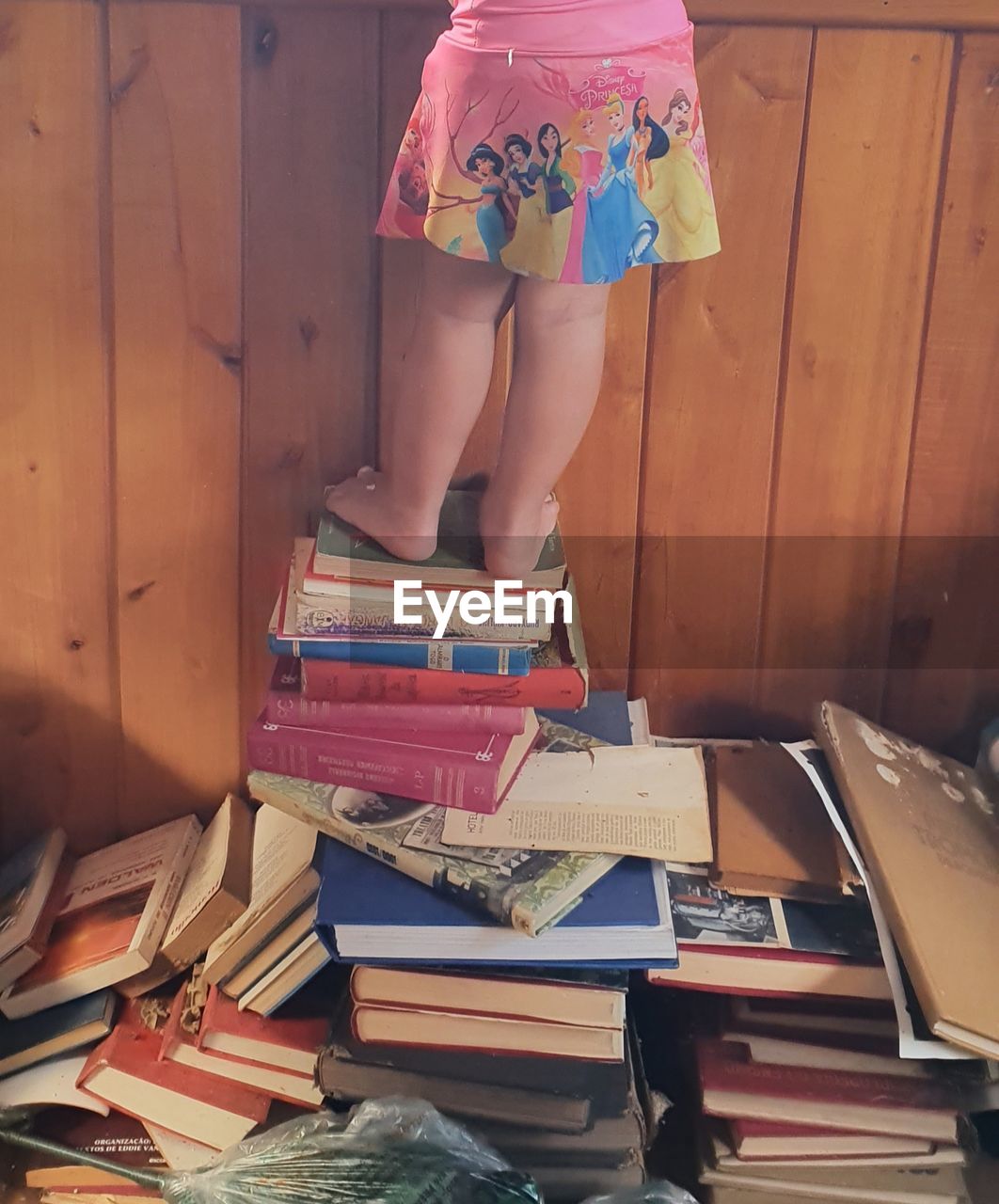 LOW SECTION OF WOMAN READING BOOK ON WOODEN STACK