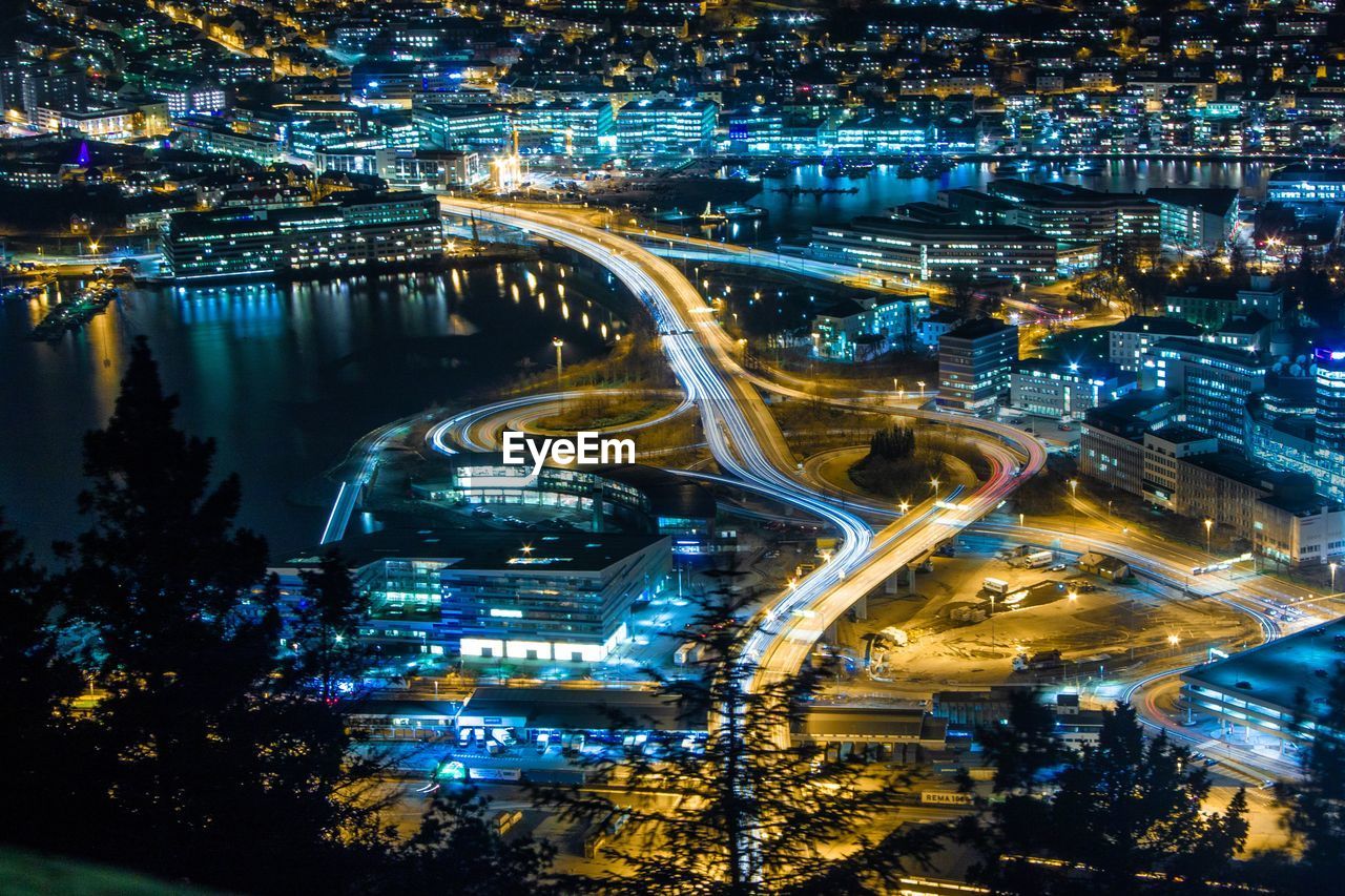 High angle view of light trails on city street at night