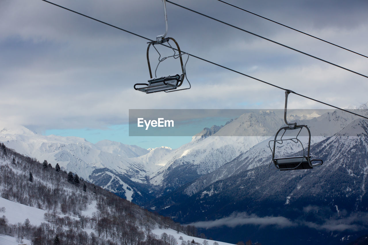 OVERHEAD CABLE CAR OVER SNOWCAPPED MOUNTAINS