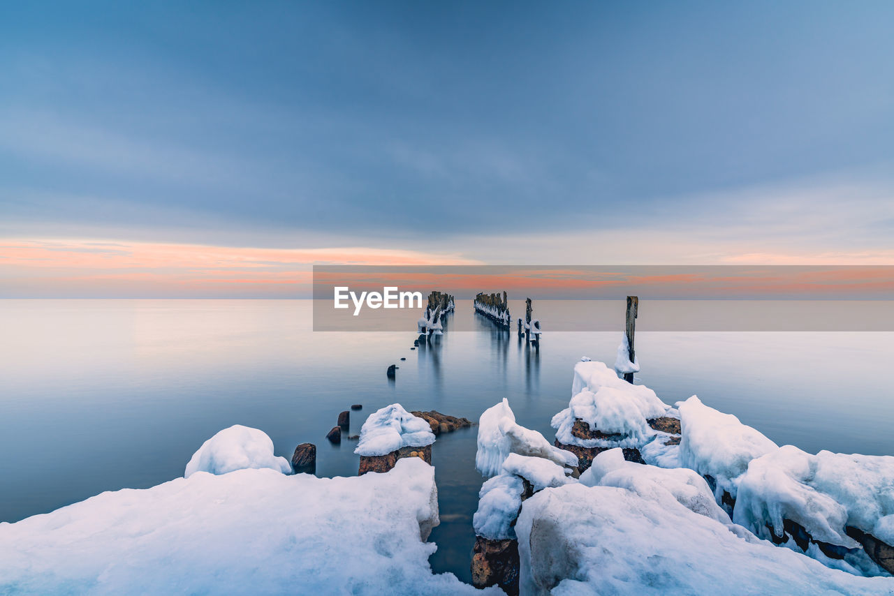 SCENIC VIEW OF FROZEN SEA DURING SUNSET