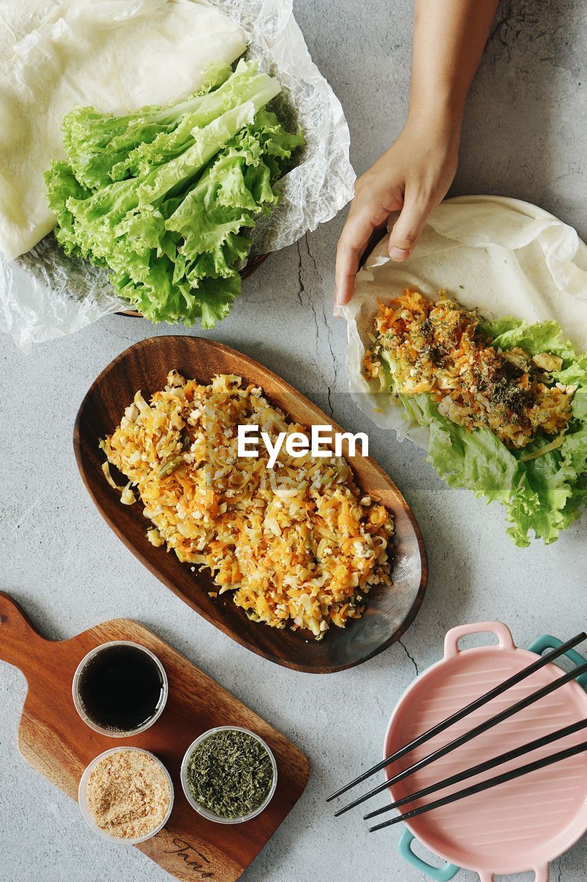 High angle view of food in bowl on table